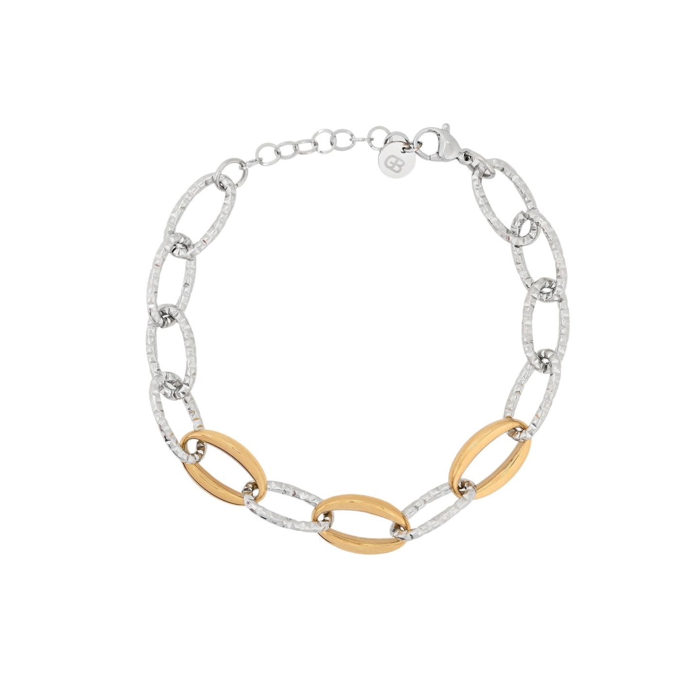 Pulsera de acero inoxidable con eslabones lisos y textura acabado plata y oro