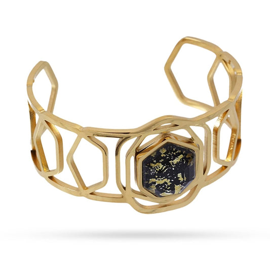 Pulsera de acero quirúrgico con forma geométrica con una piedra de textura de mármol en negro acabado oro - mbyou