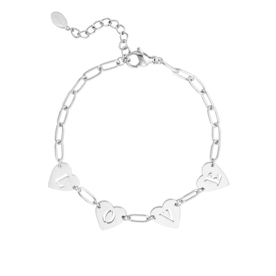 Pulsera de acero inoxidable de eslabones con corazones lisos grabados la palabra LOVE - mbyou