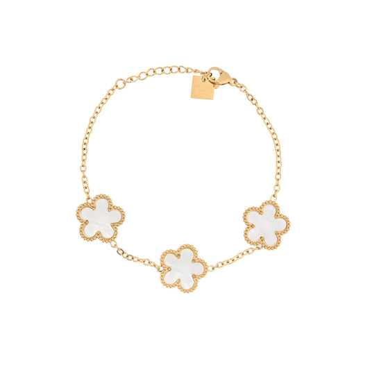 Pulsera de acero inoxidable con tréboles blancos de nácar acabado oro - mbyou