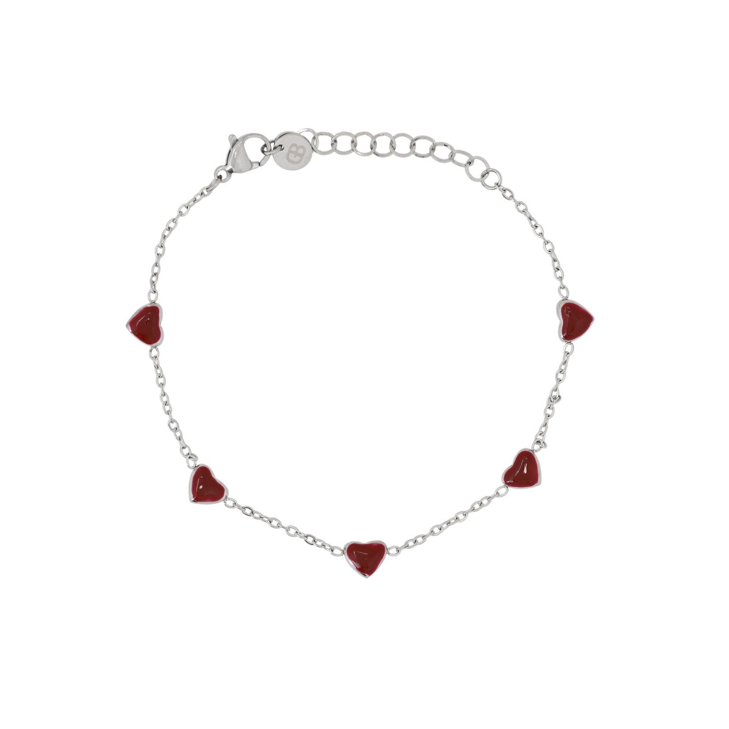 Pulsera con corazones rojos esmaltados acabado plata