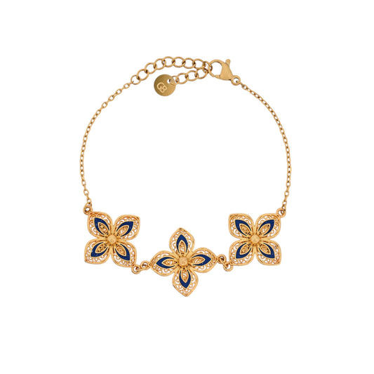 Pulsera con flores en azul noche y diseño de filigrana acabado oro - mbyou