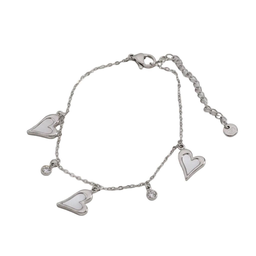 Pulsera de acero con dijes de corazón con nácar y circonitas en varios colores