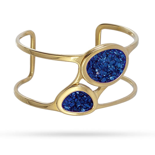 Pulsera brazalete de acero quirúrgico con dos drusas en tonos azules acabado oro - mbyou