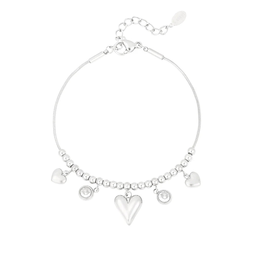 Pulsera de acero con esferas, dijes de corazones y circonitas acabado plata - Moments by You