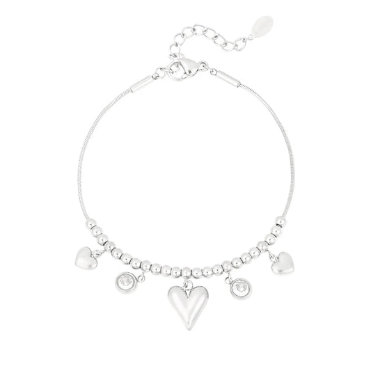 Pulsera de acero con esferas, dijes de corazones y circonitas acabado plata - Moments by You