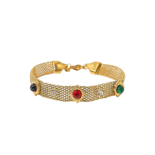 Pulsera de acero de malla con piedras de colores acabado oro