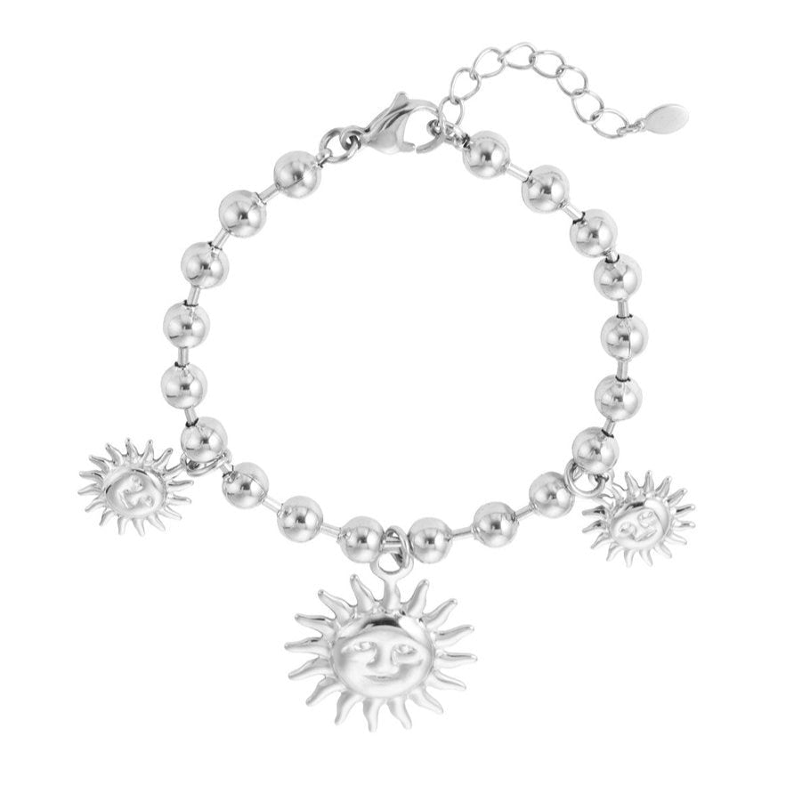 Pulsera de acero inoxidable con cuentas esféricas y tres soles colgando acabado plata  - mbyou