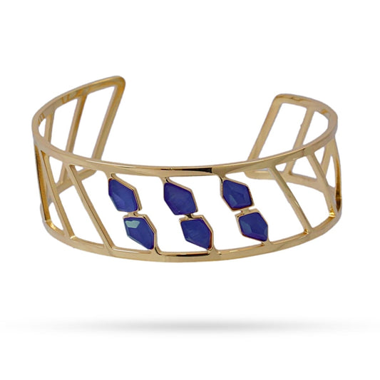 Pulsera brazalete de acero quirúrgico con piedras de cristal en tonos azules acabado oro - mbyou