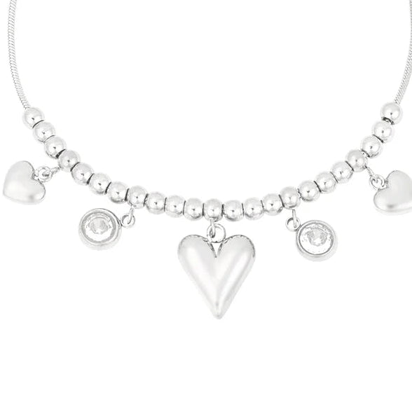 Pulsera de acero con esferas, dijes de corazones y circonitas acabado plata - Moments by You