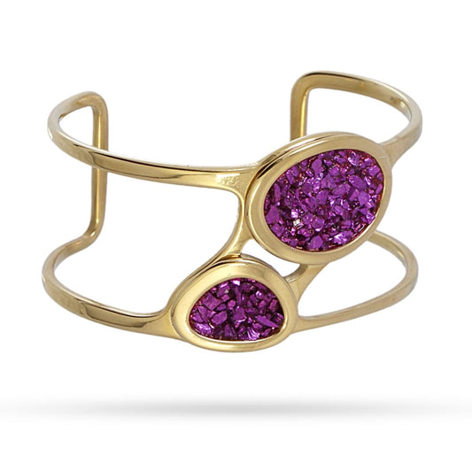 Pulsera brazalete de acero quirúrgico con dos drusas en tono fucsia acabado oro - mbyou