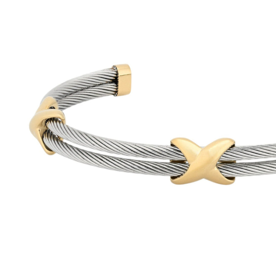 Pulsera de acero inoxidable rígida doble cordón en plata con estrella engarzando y terminaciones acabado oro y plata - mbyou