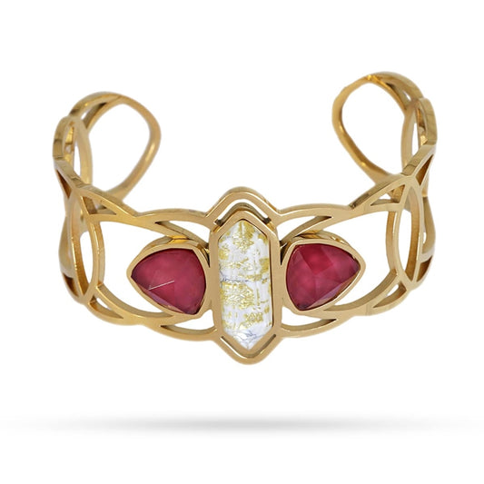 Pulsera de acero quirúrgico con una piedra de textura mármol en blanco y dos piedras de cristal en rojo, con acabado oro - mbyou