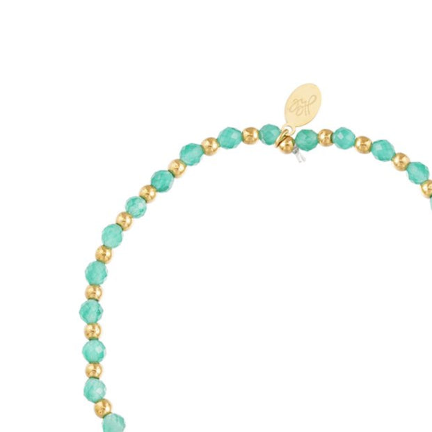 Pulsera de acero inoxidable con cuentas esféricas de color dorado y con hematites de color verde - mbyou