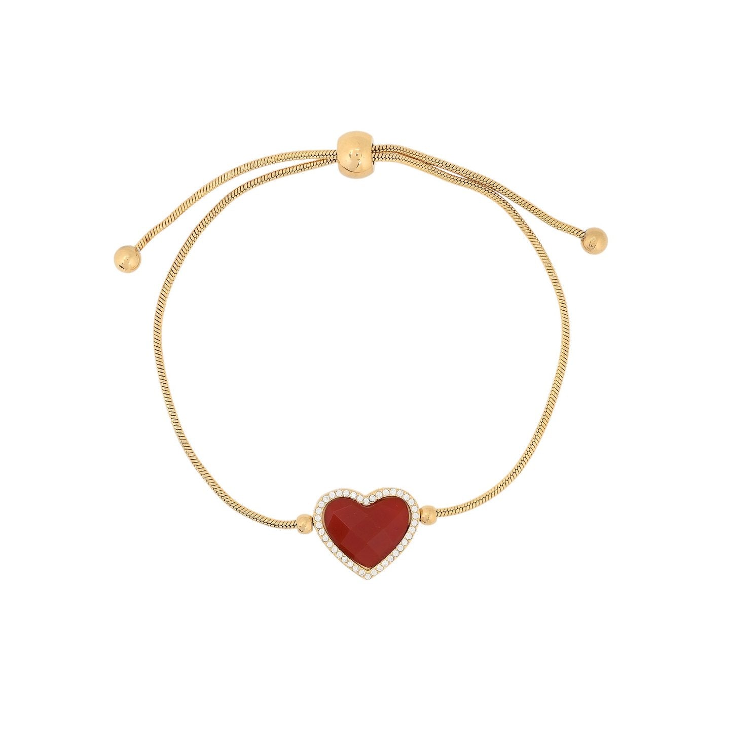 Pulsera de acero piedra natural en forma de corazón rojo y circonitas acabado oro