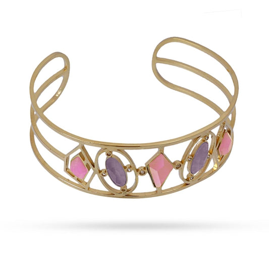 Pulsera brazalete de acero quirúrgico con piedras en tonos rosas, lilas y con circonitas acabado oro - mbyou