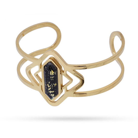 Pulsera brazalete de acero quirúrgico con piedra de textura mármol en negro acabado oro - mbyou