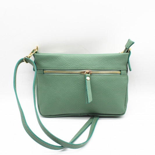 Bolso de piel 100% vacuno tipo sobre y bandolera con cremalleras acabado verde claro